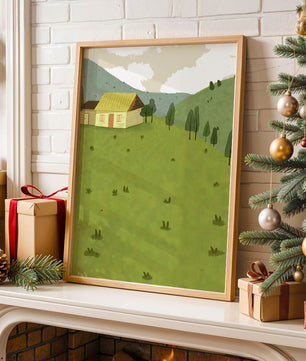 Charming countryside landscape with house and green hills