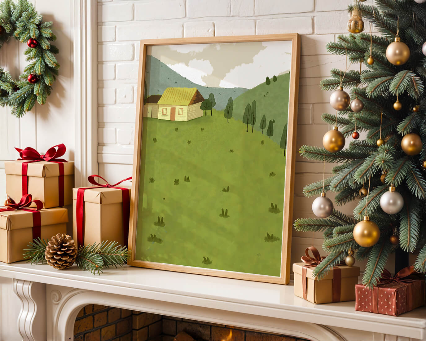 Charming countryside landscape with house and green hills