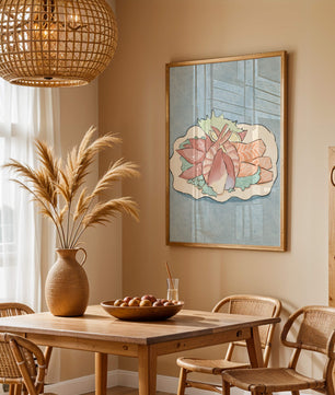 Illustration of seafood platter with shrimp and salmon on a decorative plate