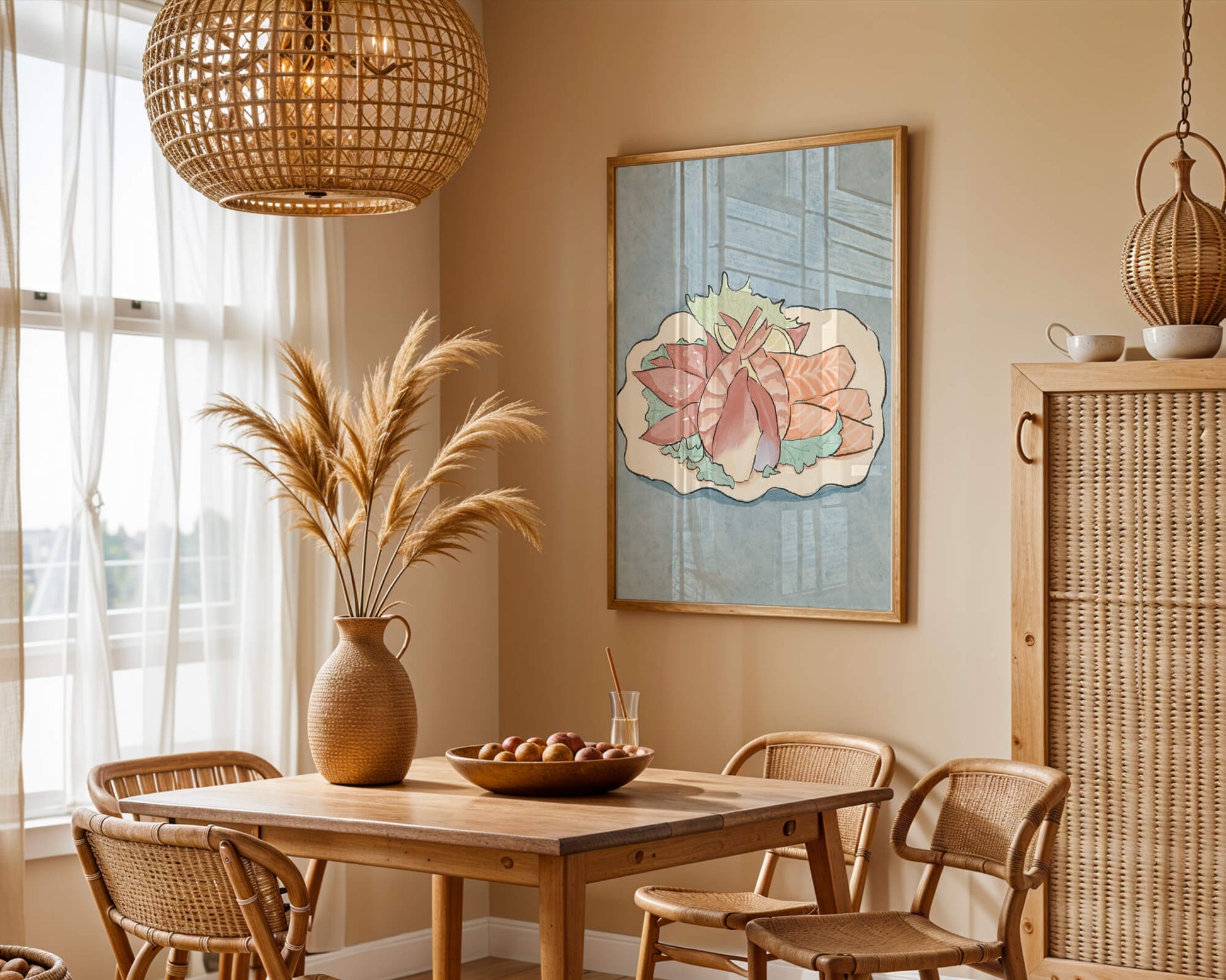 Illustration of seafood platter with shrimp and salmon on a decorative plate