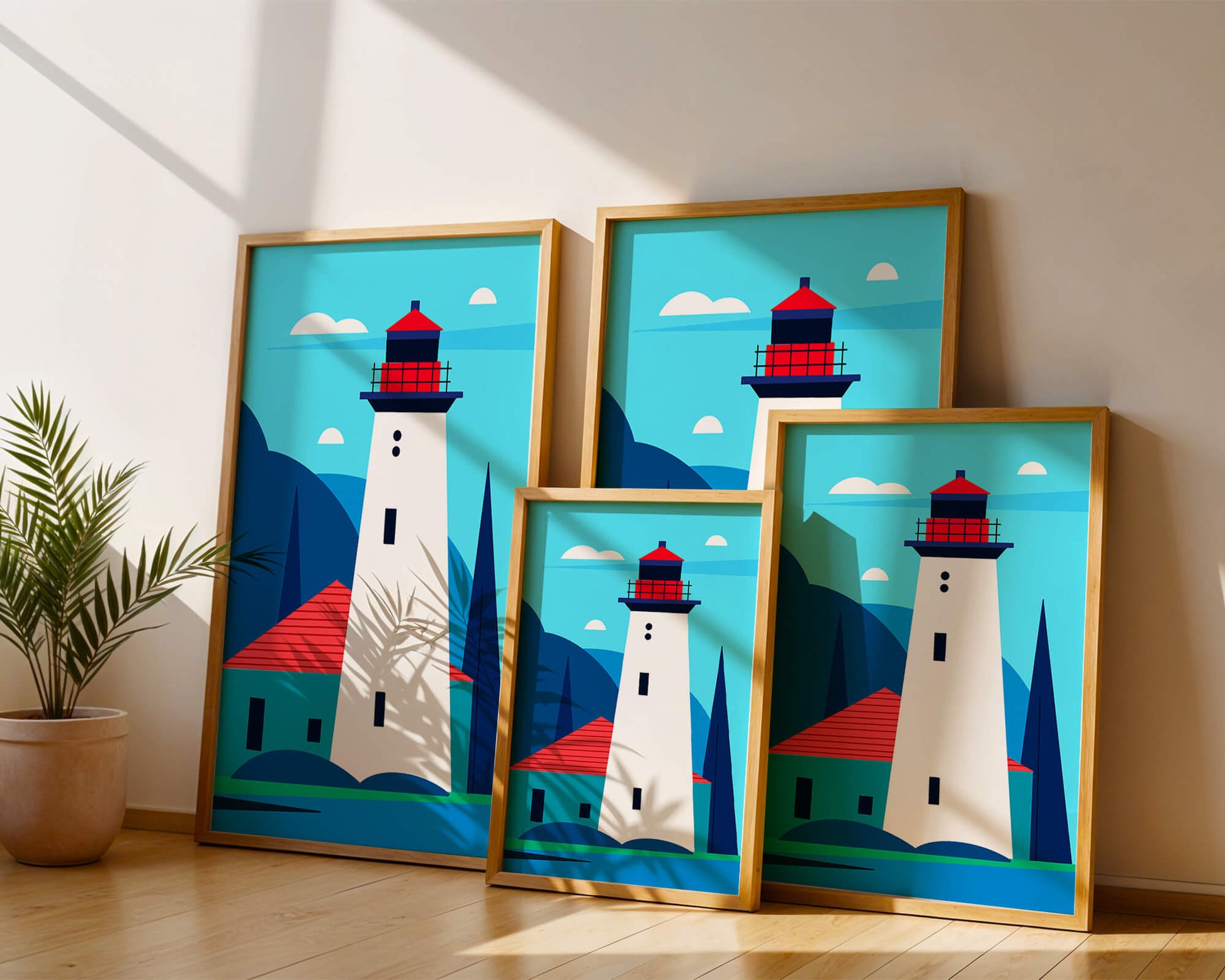 Modern illustration of a lighthouse with vibrant colors