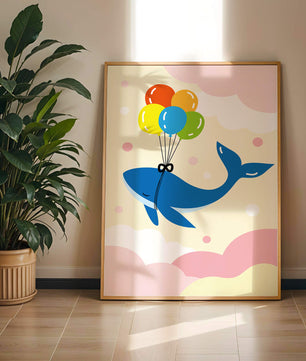 Skurriler Wal, der mit bunten Luftballons fliegt
