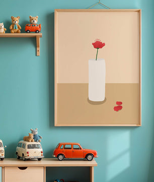 Minimalist Red Flower in White Vase on Beige Background - Mi tienda