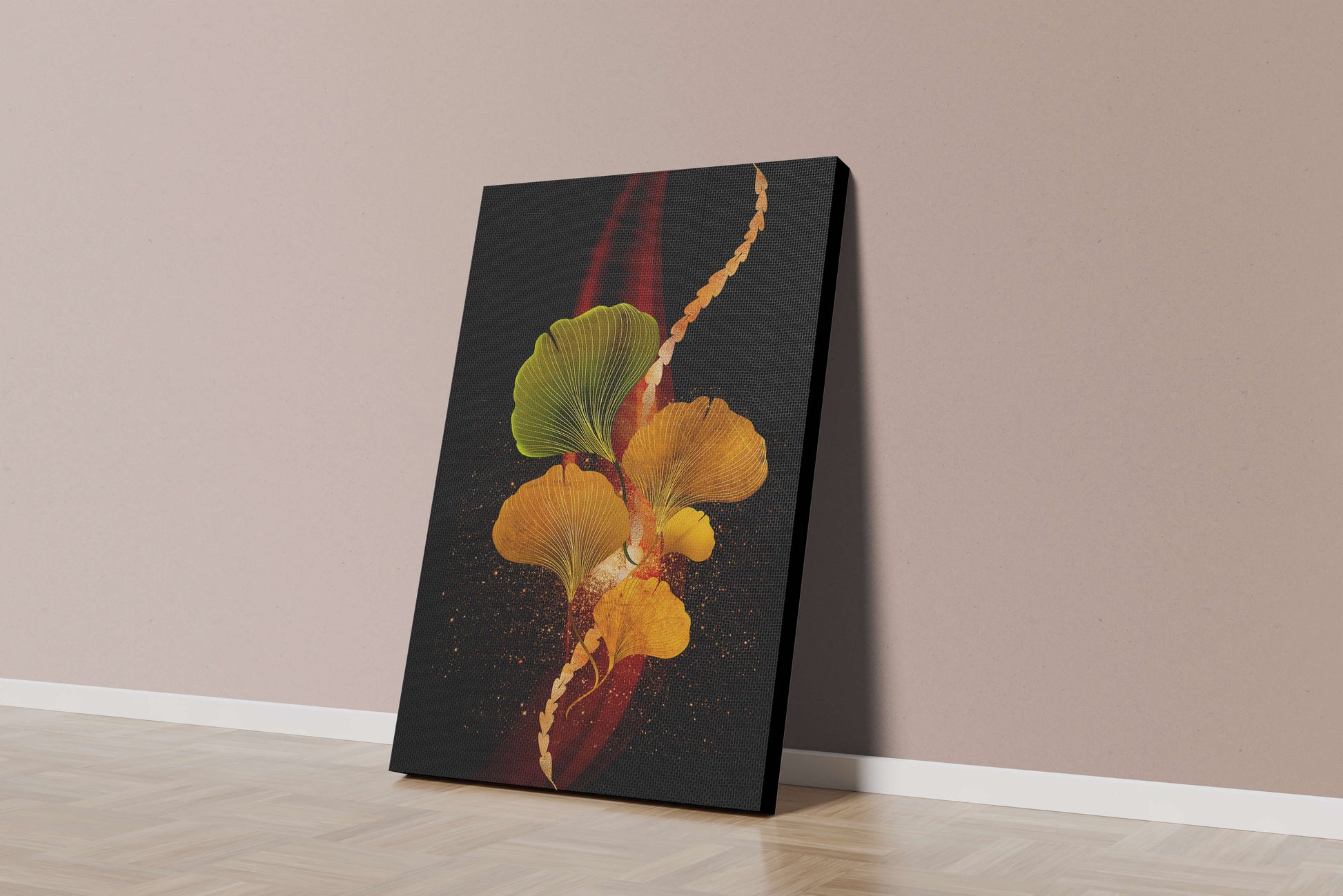 Art abstrait floral avec des feuilles de gingko dorées et un fond sombre