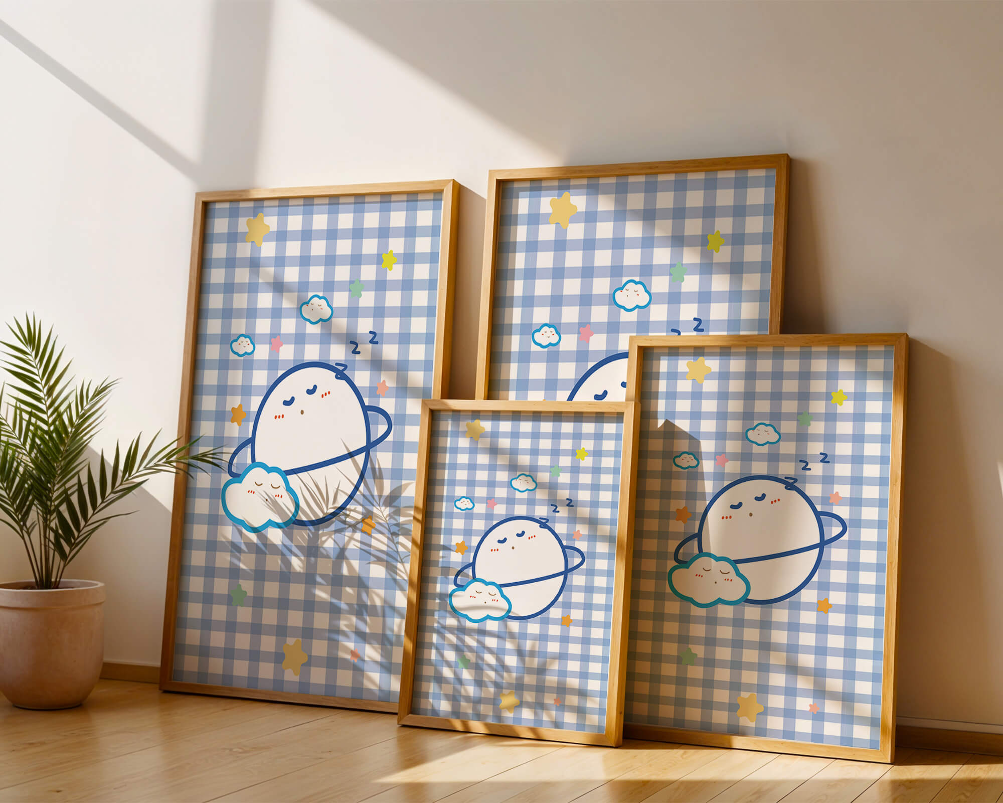 Whimsical sleep theme with planets and clouds on a checkered background