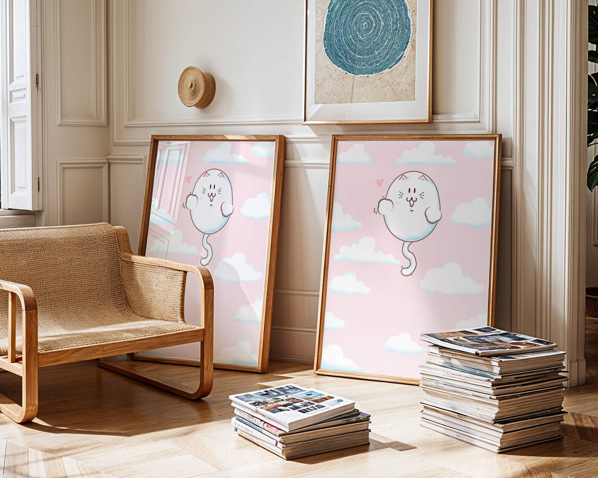 Gato flotante caprichoso en un cielo pastel con nubes esponjosas