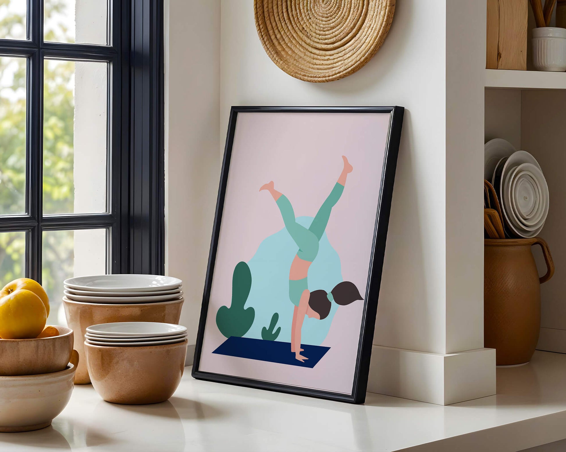 Illustration of a woman practicing yoga handstand pose
