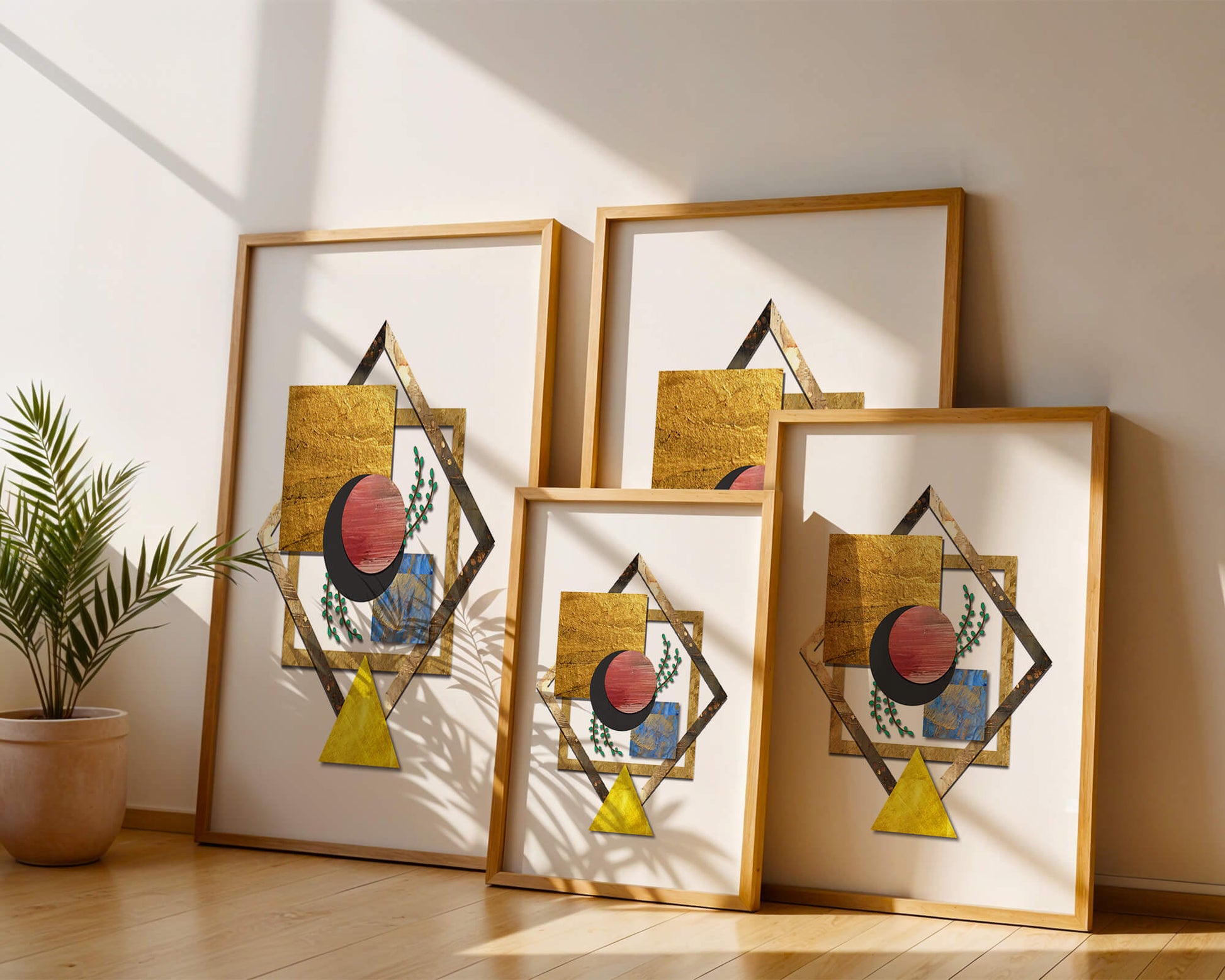 Modern geometric abstract art with vibrant colors and gold accents