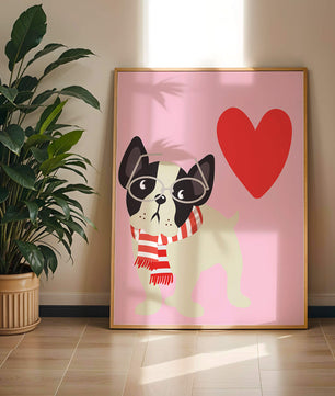 Ilustración juguetona de un bulldog francés con gafas y bufanda sobre fondo rosa con corazón