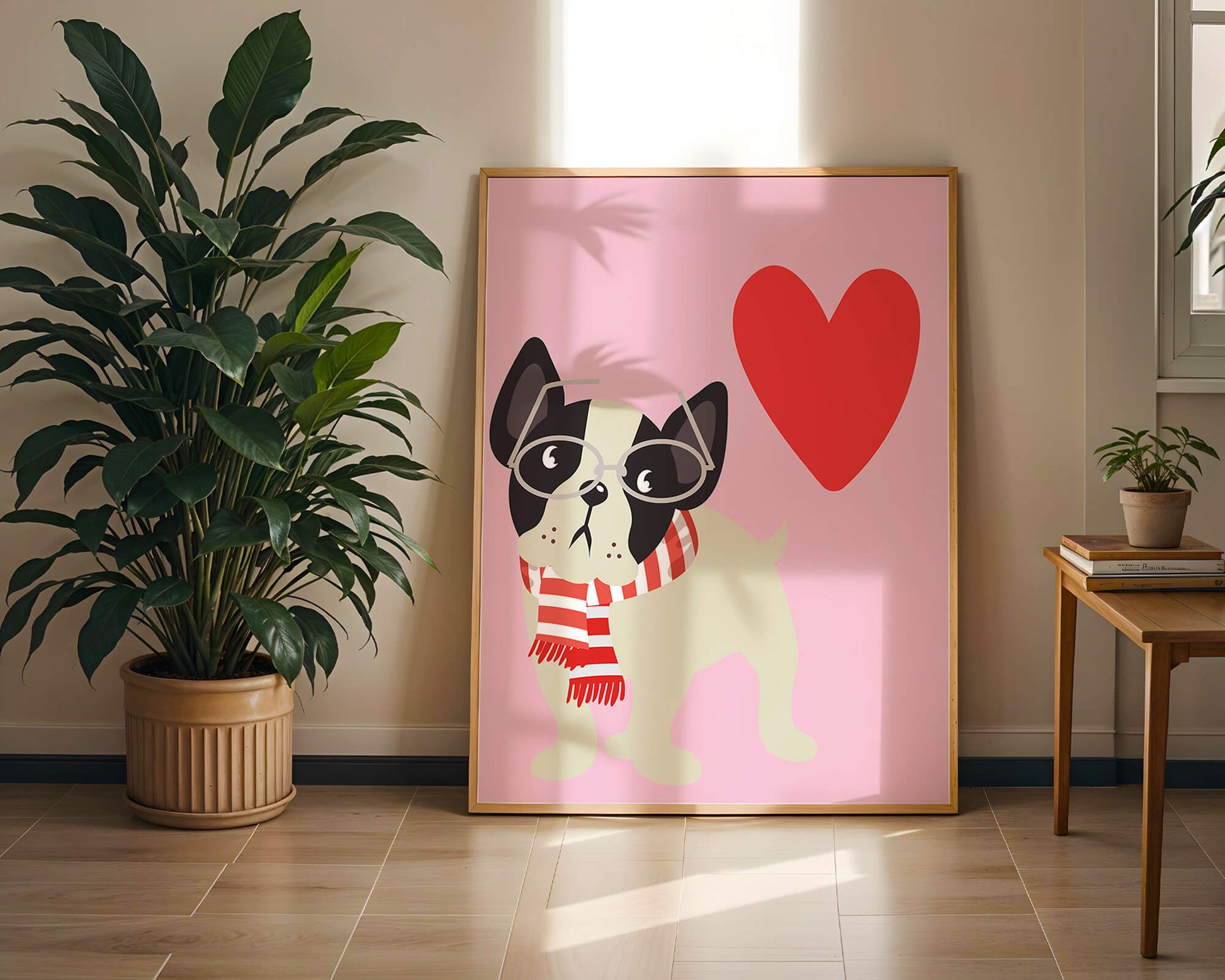 Ilustración lúdica de un bulldog francés con gafas y bufanda sobre fondo rosa con corazón