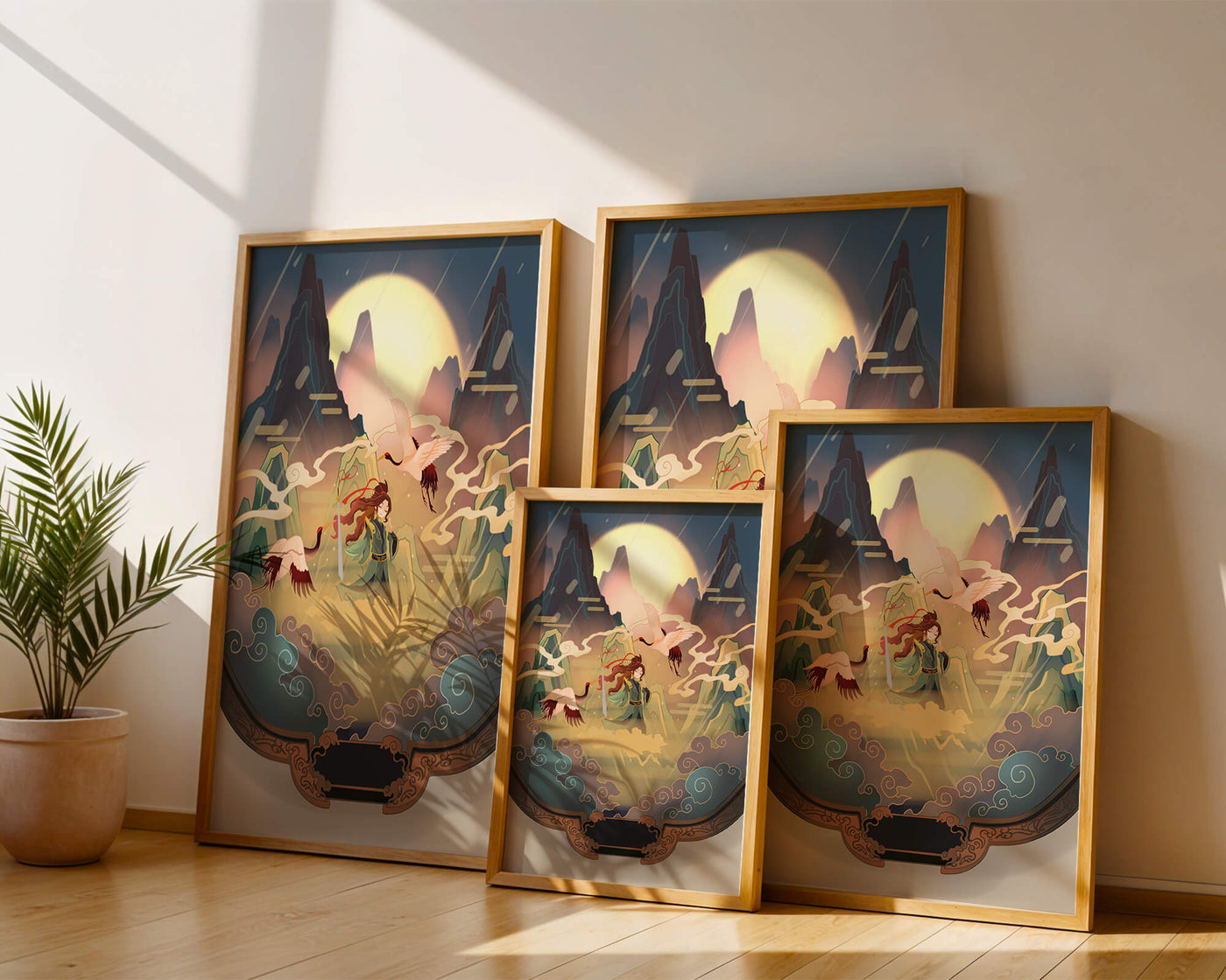Scenic landscape with mystical mountains and cranes at sunrise