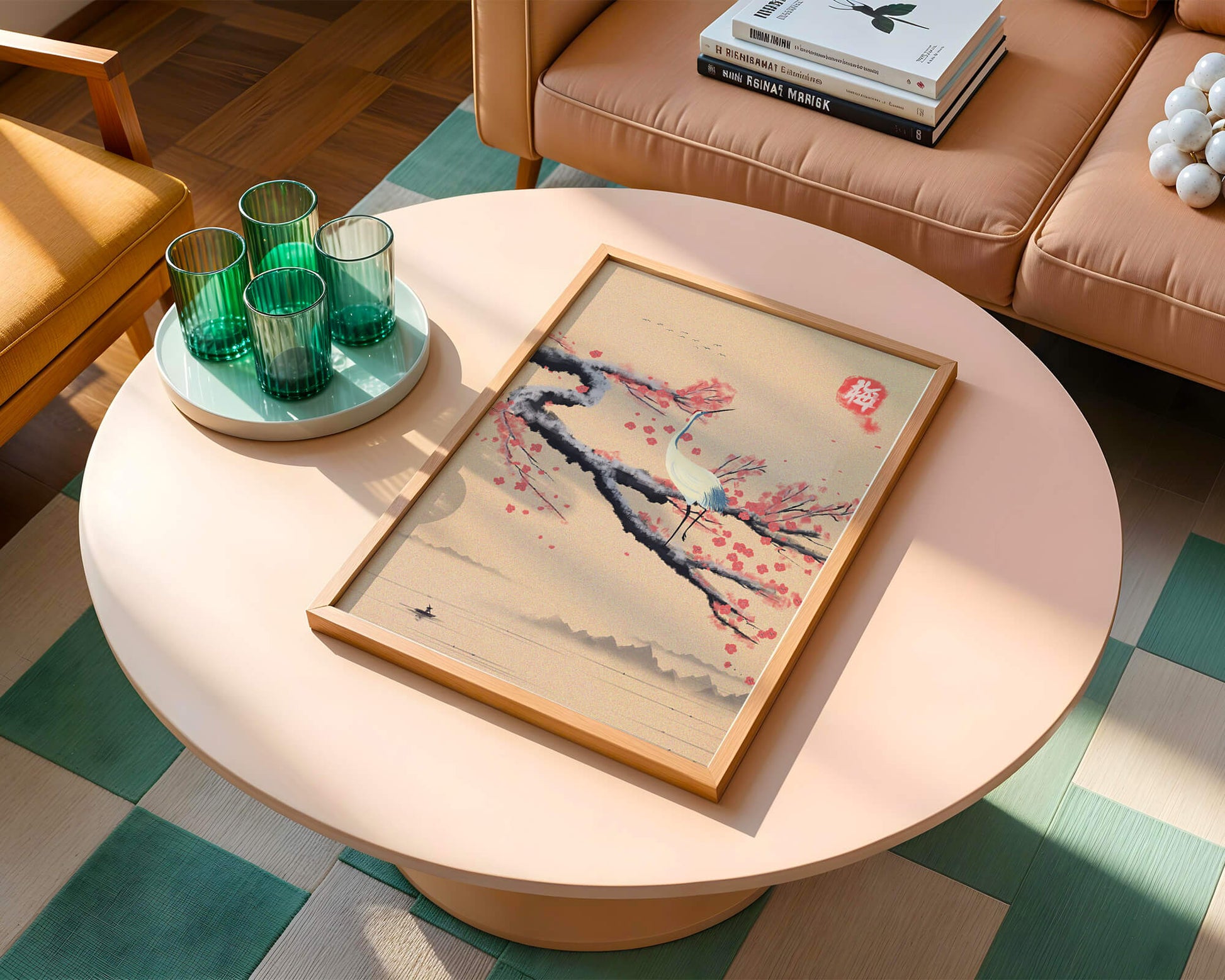 Elegant crane on cherry blossom branch with serene landscape