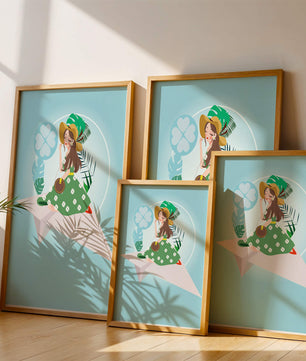 Mujer en un avión de papel con fondo de tema tropical