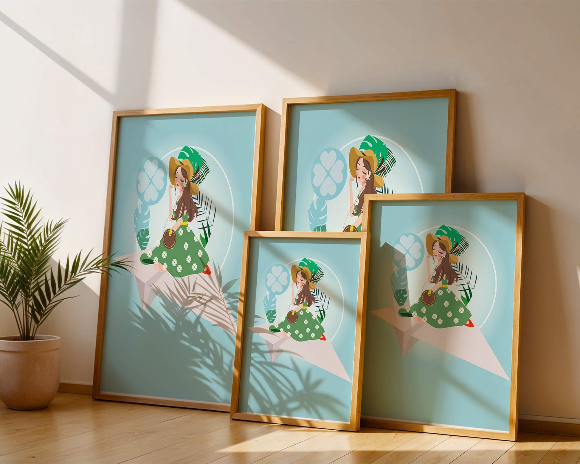 Woman on paper plane with tropical theme background
