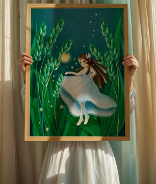 Enchanting fairy in magical wheat field at night