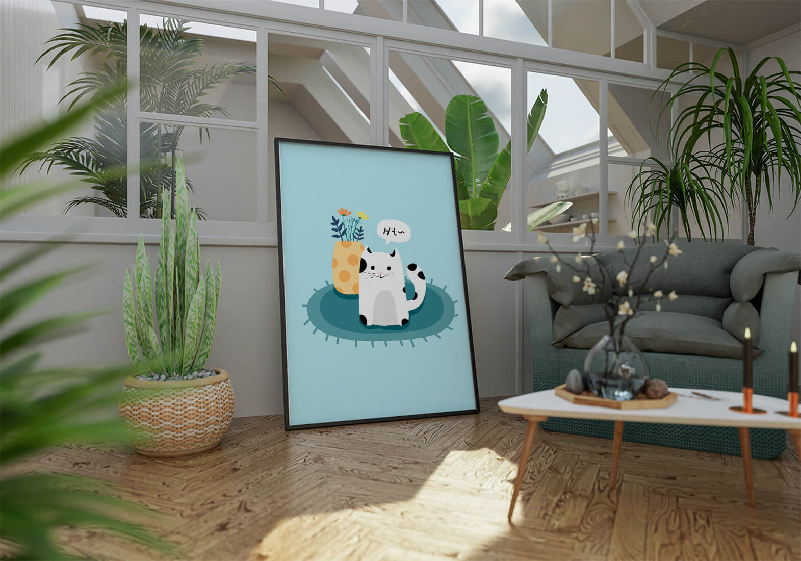 Cute illustration of a cat and flowers on a rug with a speech bubble
