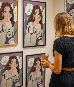 Illustrated fashion girl with floral background and purple theme