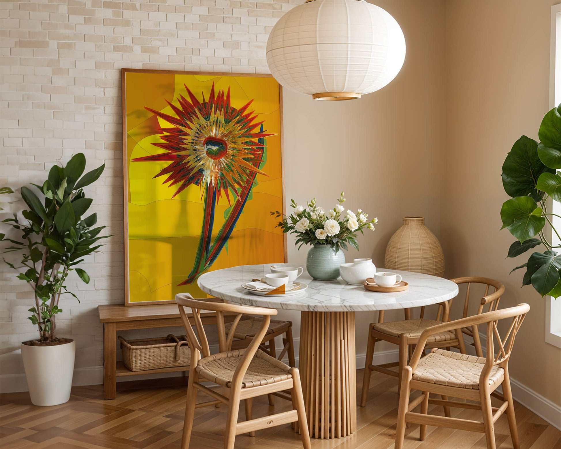 Abstract vibrant sunflower art with dynamic geometric shapes