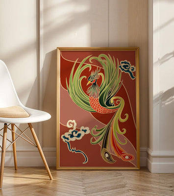 Stylized phoenix illustration with vibrant colors and clouds