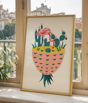 Ilustración de flamenco con cactus en jarrón de piña