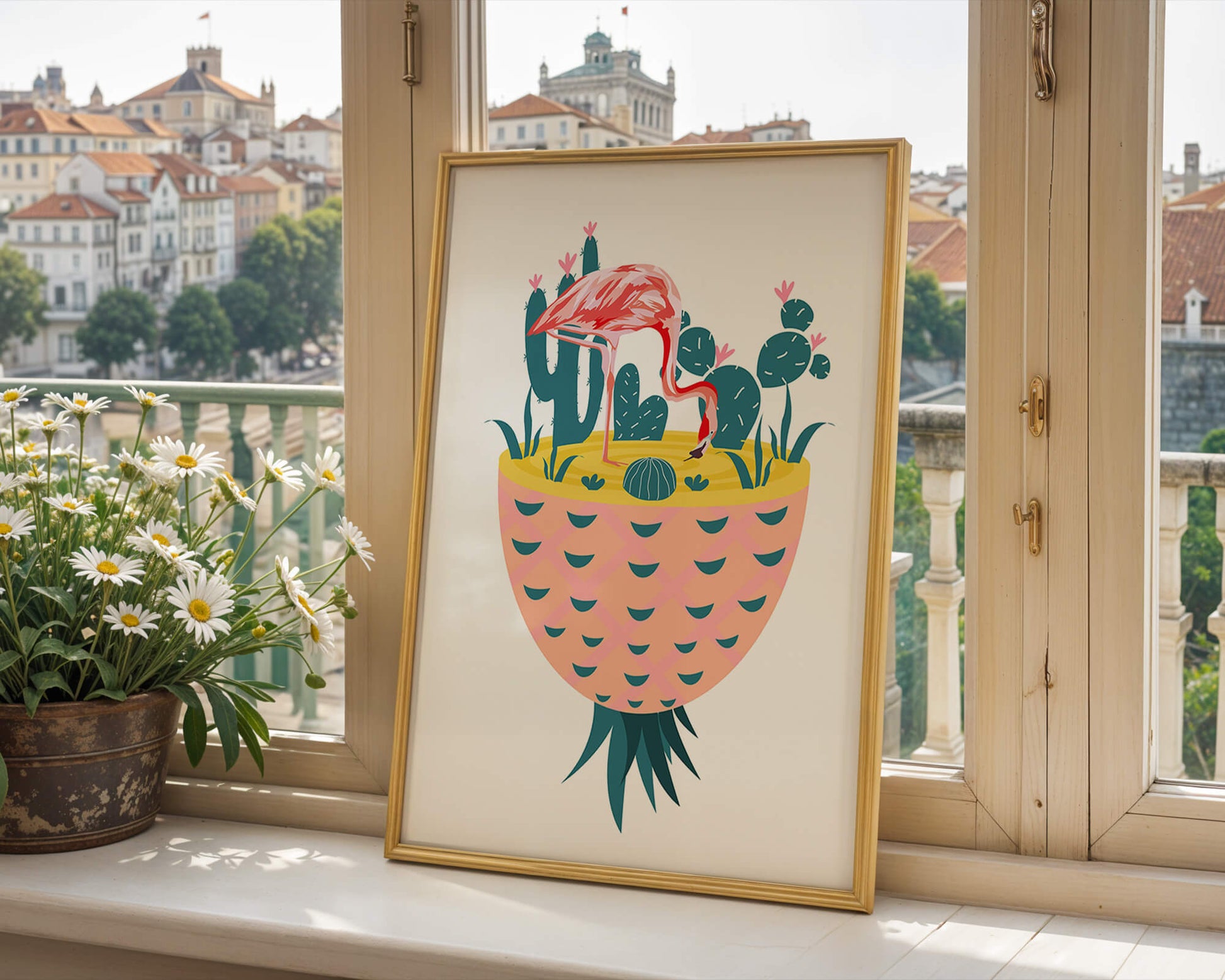 Ilustración de flamenco con cactus en jarrón de piña
