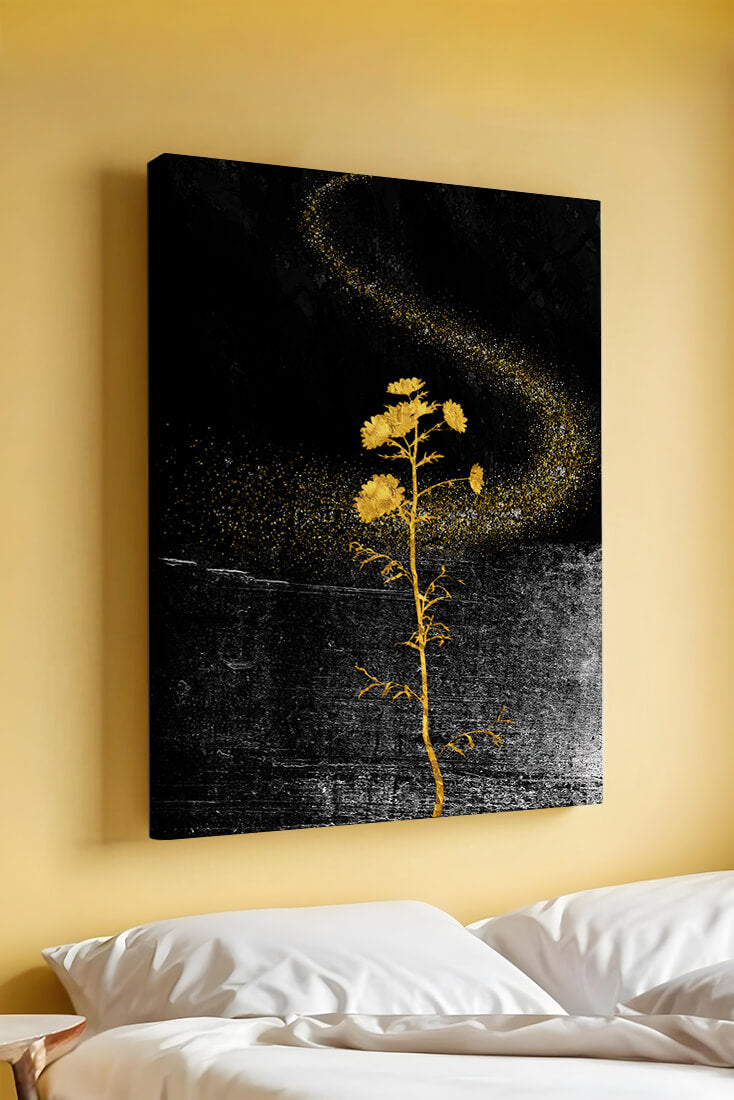 Golden Flowers on Black Background with Sparkling Dust