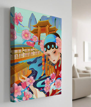Traditional Asian art with cherry blossoms and architecture