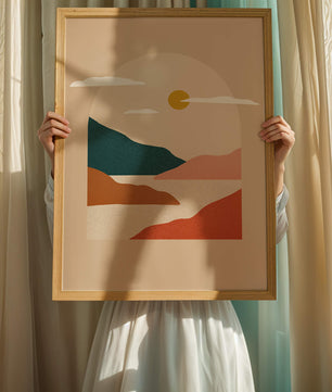 Paysage minimaliste avec montagnes et soleil
