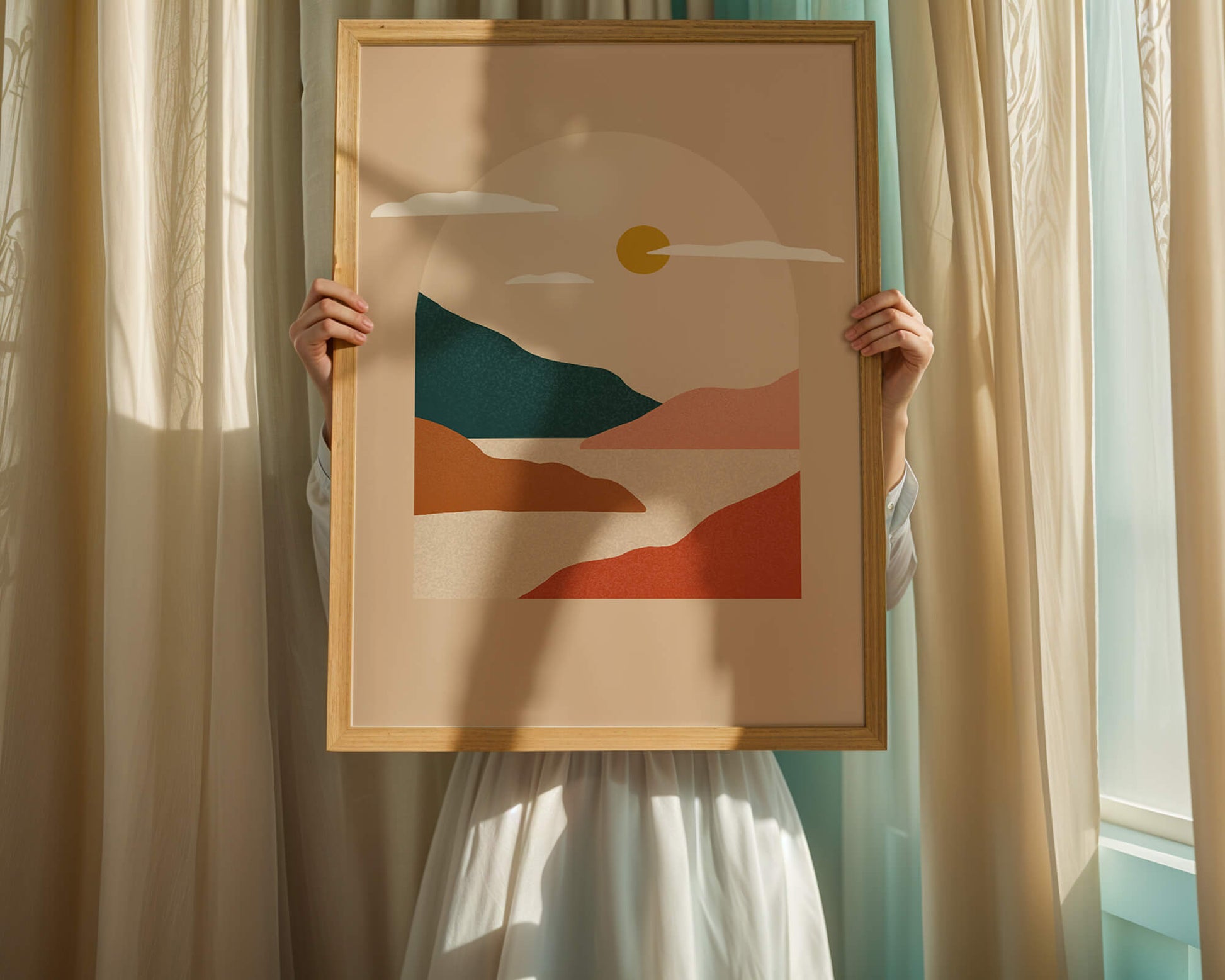 Paysage minimaliste avec montagnes et soleil
