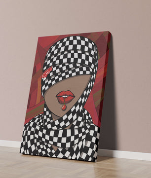 Abstract Art of Woman with Checkered Pattern and Red Lips - Mi tienda
