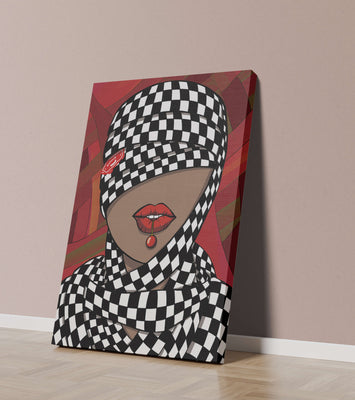 Abstract Art of Woman with Checkered Pattern and Red Lips