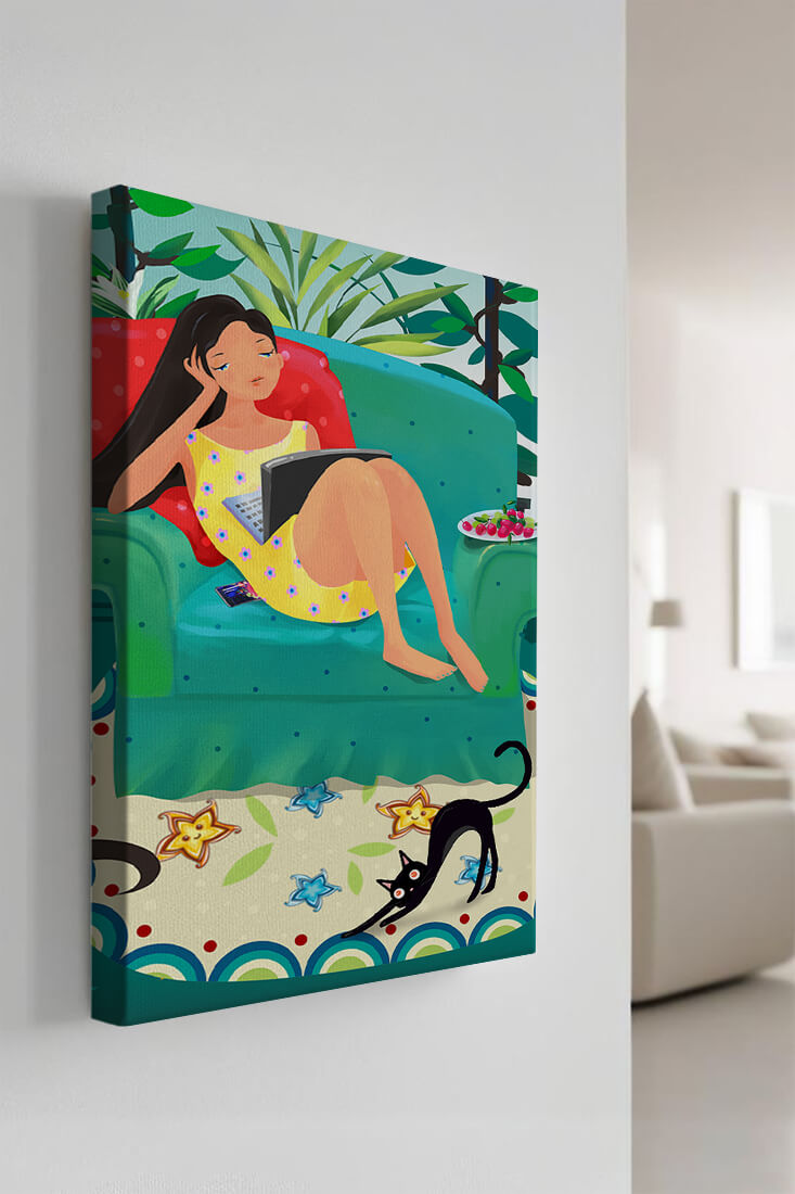 Young Woman Relaxing on Couch with Cat and Fruits in Vibrant Living Room