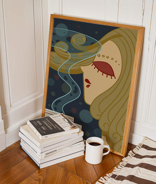 Stylized portrait of a woman with flowing hair and steaming coffee