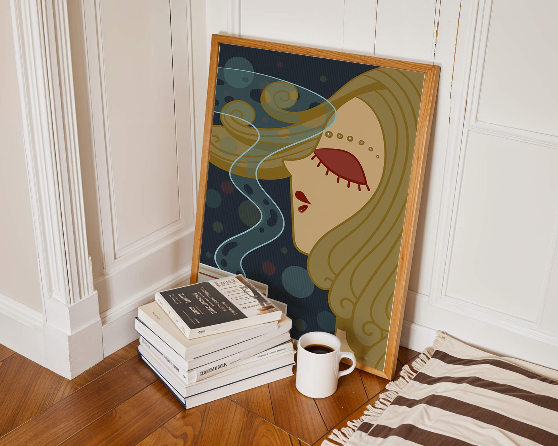 Stylized portrait of a woman with flowing hair and steaming coffee