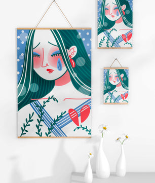 Ilustración de una mujer triste con el corazón roto