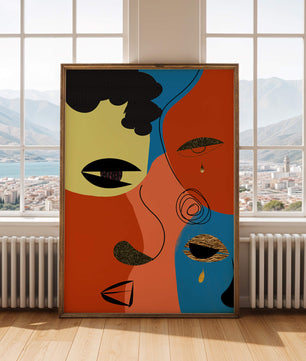 Abstract faces with vibrant colors and gold accents