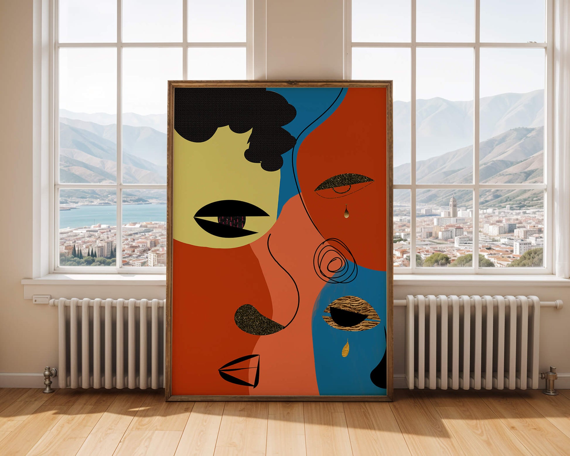 Abstract faces with vibrant colors and gold accents