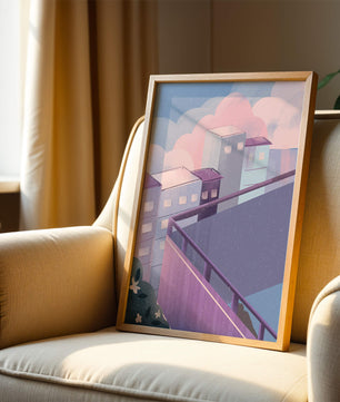 Urban Pastel Scene with Buildings and Pink Clouds