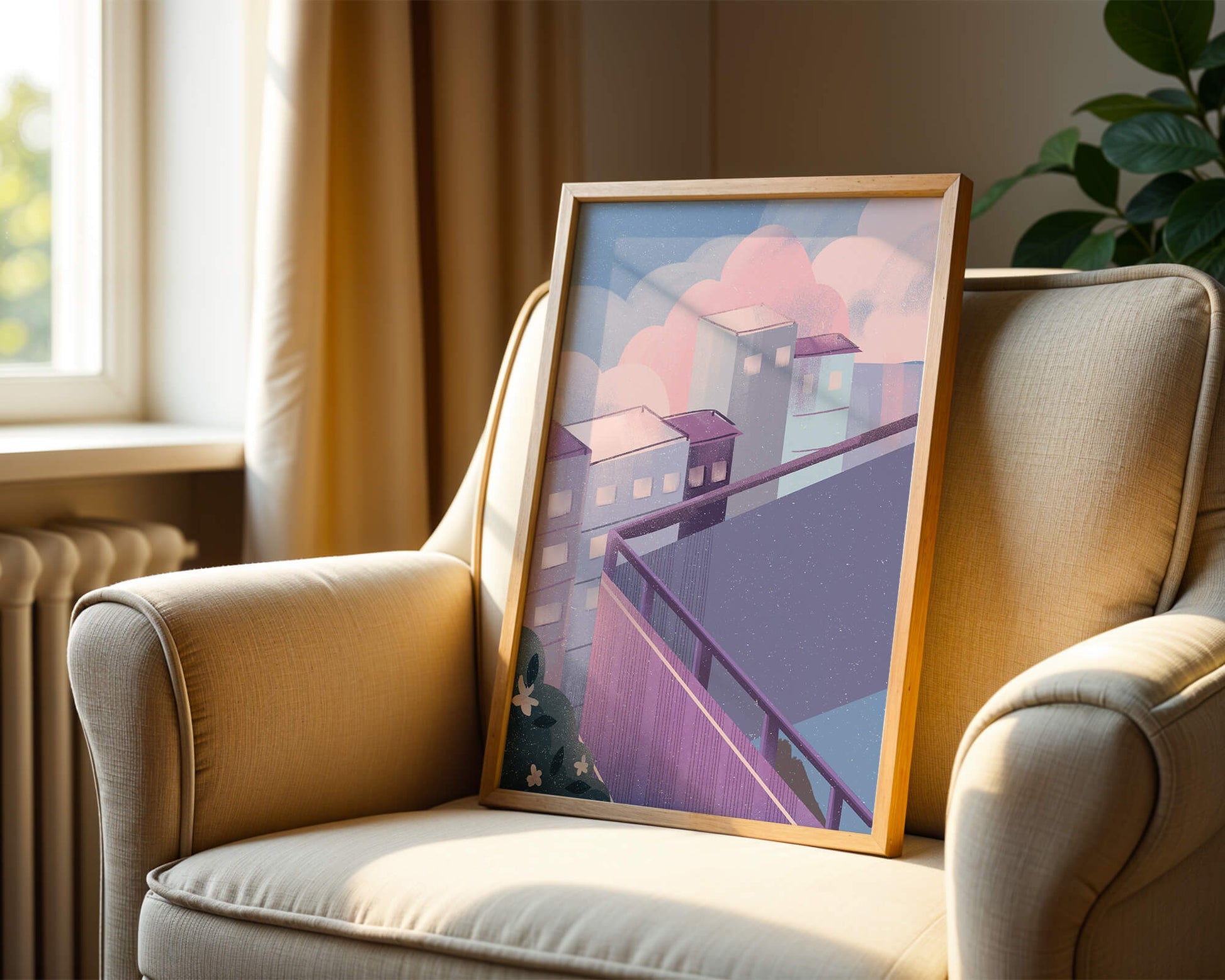 Urban Pastel Scene with Buildings and Pink Clouds