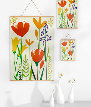 Bright Floral Illustration with Orange, Yellow, and Purple Flowers in Bold Colors