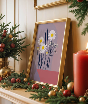 Illustrative floral artwork with daisies and abstract background