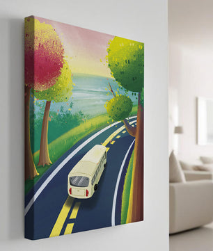 Scenic Road Trip with Vibrant Trees and Sunset