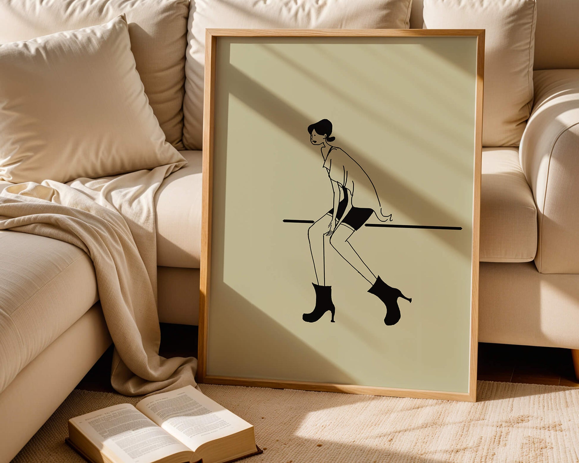 Schicke minimalistische Illustration einer sitzenden Frau in stylischen Stiefeln