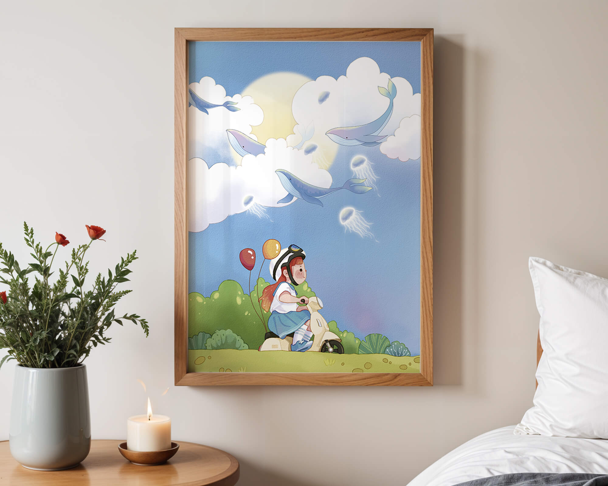 Whimsical illustration of a child riding a scooter with floating whales and balloons