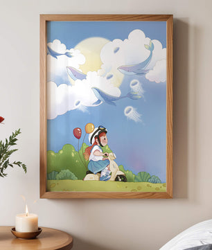 Whimsical illustration of a child riding a scooter with floating whales and balloons