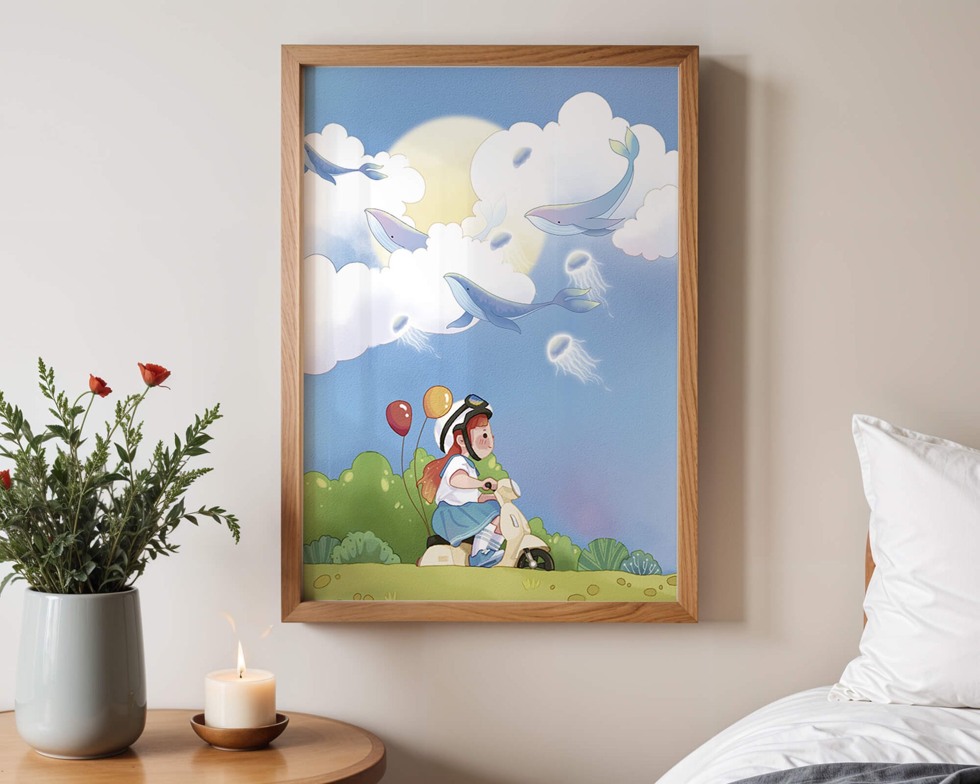 Whimsical illustration of a child riding a scooter with floating whales and balloons