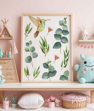 Illustration d'un colibri à l'aquarelle et de feuilles d'eucalyptus