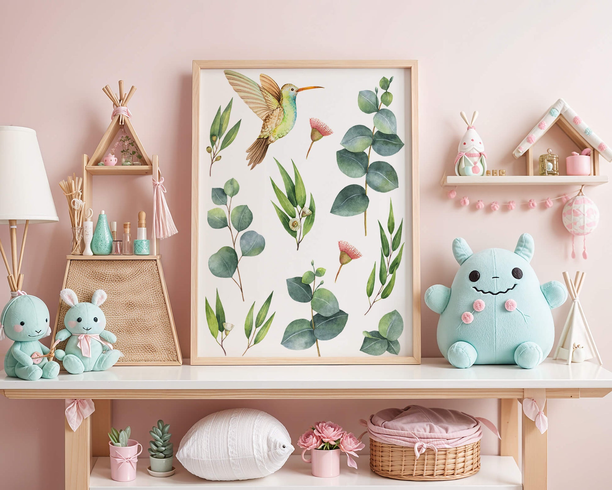 Watercolor hummingbird and eucalyptus leaves illustration