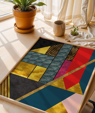 Geometric abstract design with vibrant colors and gold accents