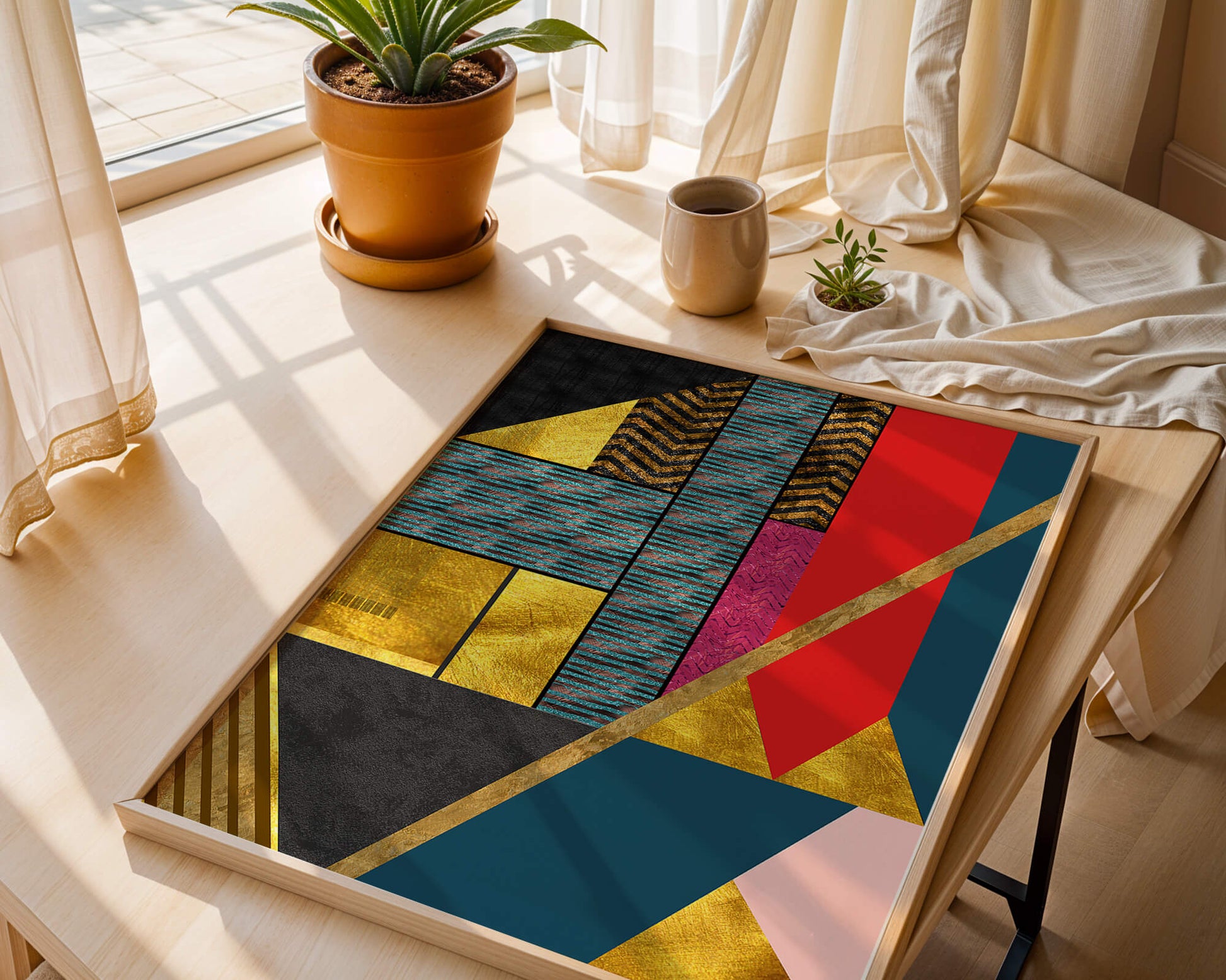 Geometric abstract design with vibrant colors and gold accents